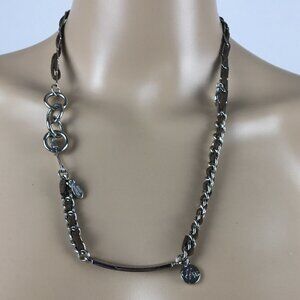 Good Works Silver Tone Brown Leather  Multi Media Rhinestones Charm Necklace